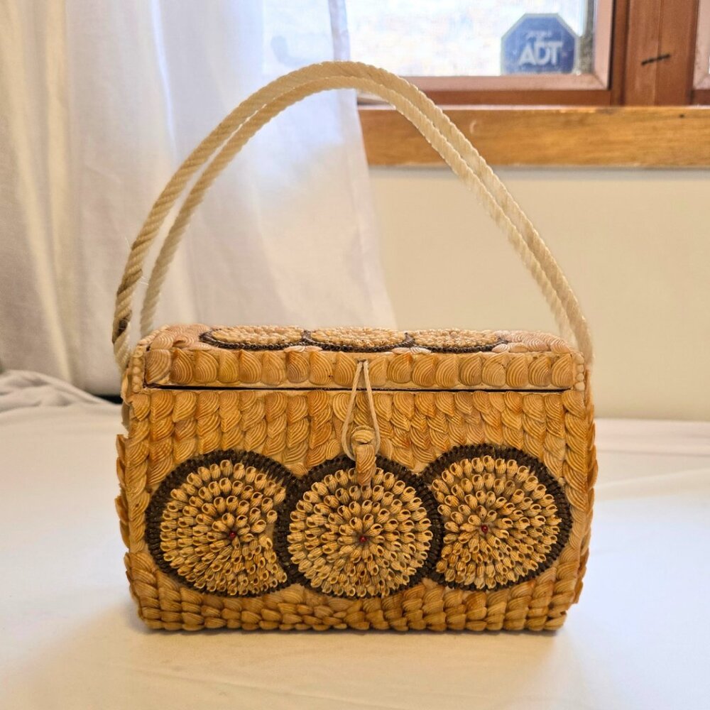 Vintage Handmade Wood & Seashell Purse OOAK Beach Retro Boho Handbag